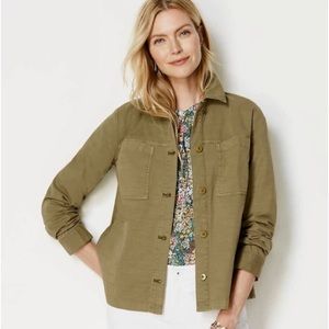J jill olive green long sleeve collared dye denim crop  jacket size large